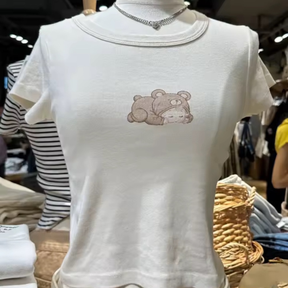 Cream Yellow Cropped Bear Graphic Baby Tee